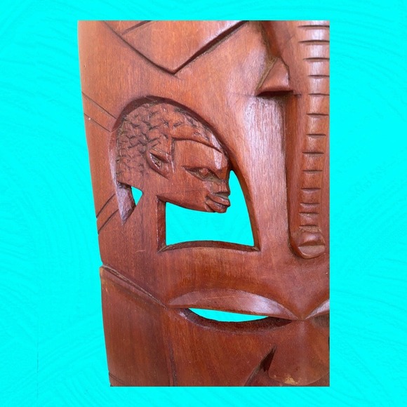 African Wooden Hand Carved Mask Humans And Elephant Carvings 16” Vtg - Picture 5 of 11